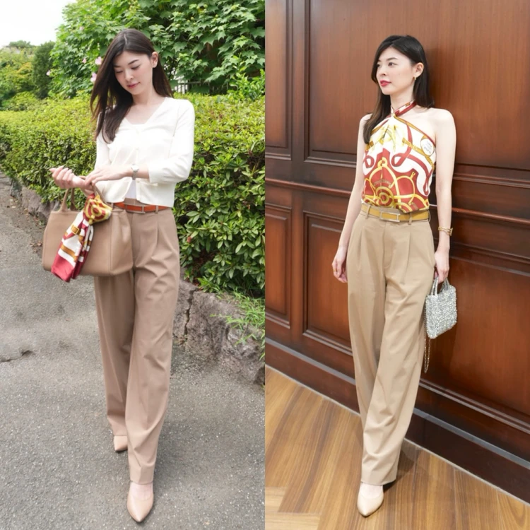 エルメスのスカーフをバッグに巻いた仕事コーデとトップスにした夜のお出かけコーデ