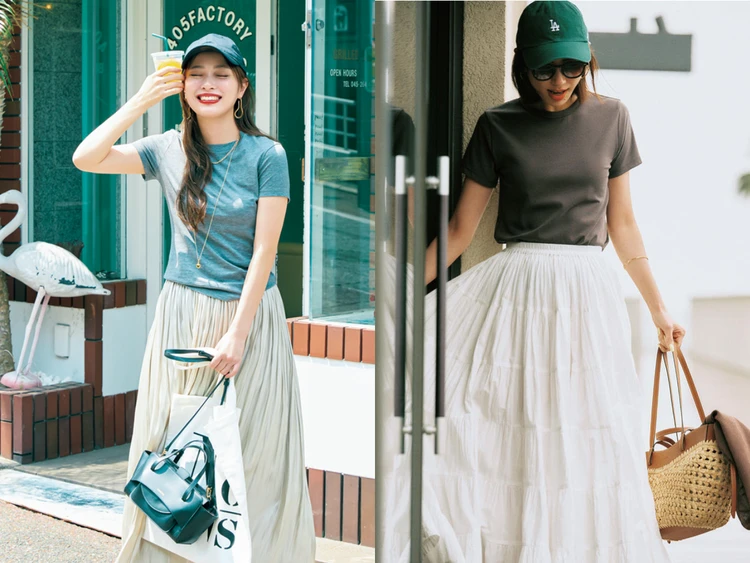 大人女子の定番「Tシャツ×スカート」コーデ19選。夏の着こなしは“華やぐ楽ちん”が外せない！