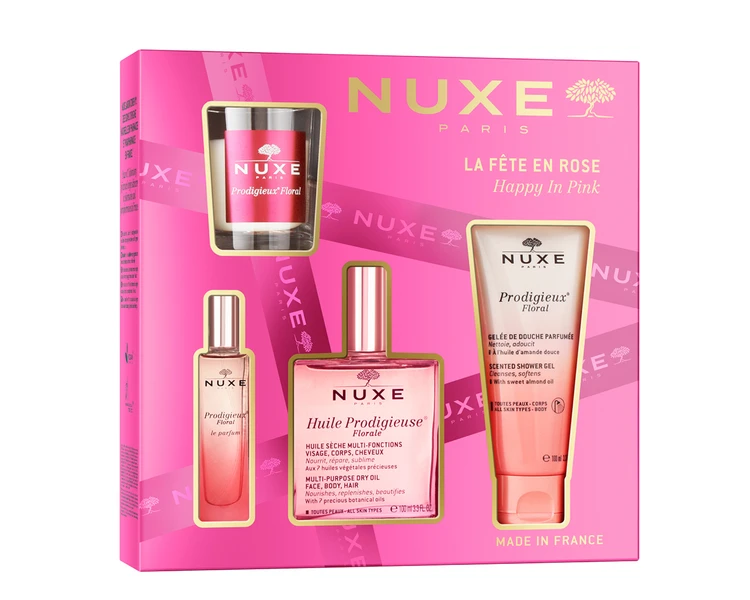 クリスマスコフレ　2025　ニュクス　NUXE　プロディジュー フローラル コレクション キット ￥8690（2025年11月12日数量限定発売） セット内容：プロディジュー フローラル オイル 100mL、プロディジュー フローラル シャワー ジェル 100mL、プロディジュー  フローラル ル オード パルファム 15mL、プロディジュー フローラル キャンドル 60g ＊2025年10月29日より店頭予約開始