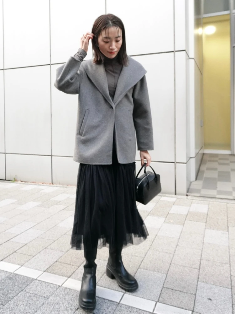 PLST　プラステ　ウールブレンドリバーフーディーコート　アウター　冬　コーデ　スカート