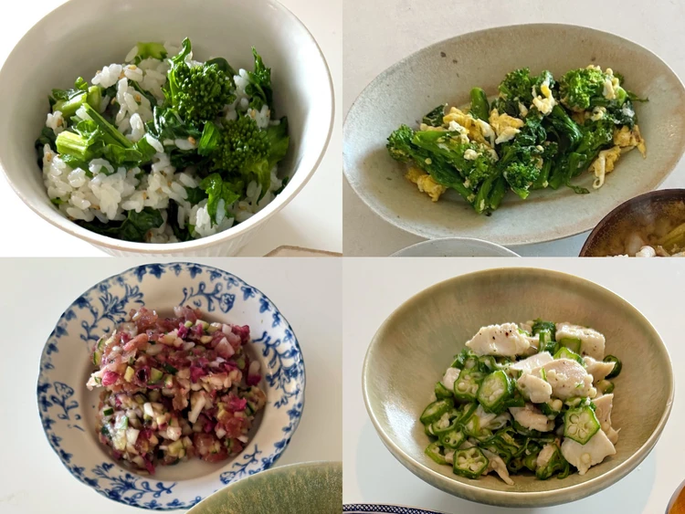 【長谷川あかりのご自愛ごはん】簡単副菜レシピ10選。菜の花ごはん、まぐろのタルタル、豆乳おひたし。プラスワンメニューで栄養バランスアップ!