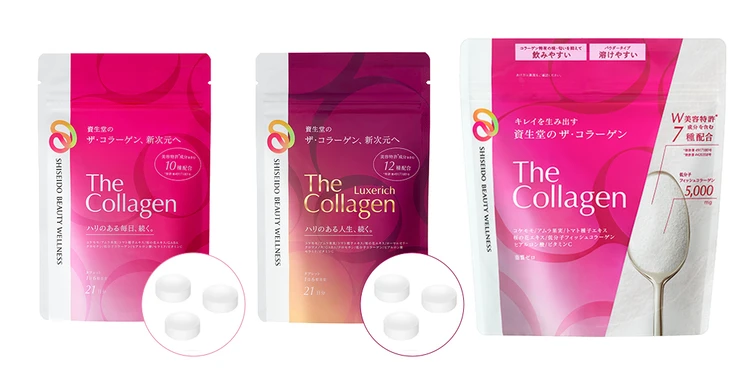 （左）ザ・コラーゲン〈タブレット〉126粒 約21日分 ¥3300（税抜） （中）ザ・コラーゲン リュクスリッチ〈タブレット〉126粒 約21日分 ¥5250（税抜） （右）ザ・コラーゲン〈パウダー〉126g 約21日分 ¥2300（税抜）