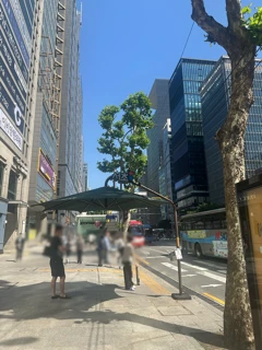 江南の街で、信号待ちの場所に大きな傘がある