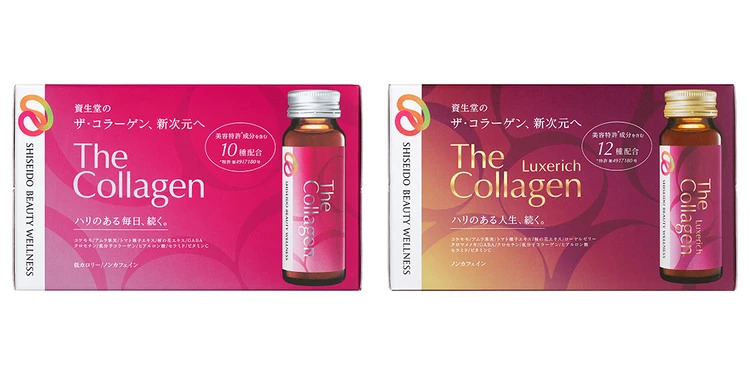 （左）ザ・コラーゲン〈ドリンク〉50mL×10本 ¥2750（税抜） （右）ザ・コラーゲン リュクスリッチ〈ドリンク〉50mL×10本 ¥3980（税抜）