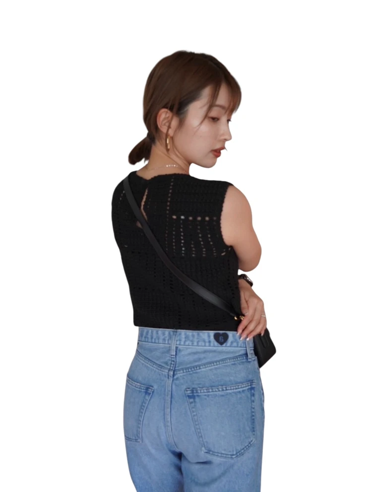 デニム夏コーデ、ノースリーブ、サマーニット、ニットベスト、デニム