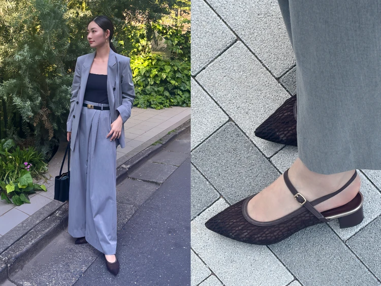 ダークブラウンメッシュスリングバックパンプスにグレーのセットアップコーデ