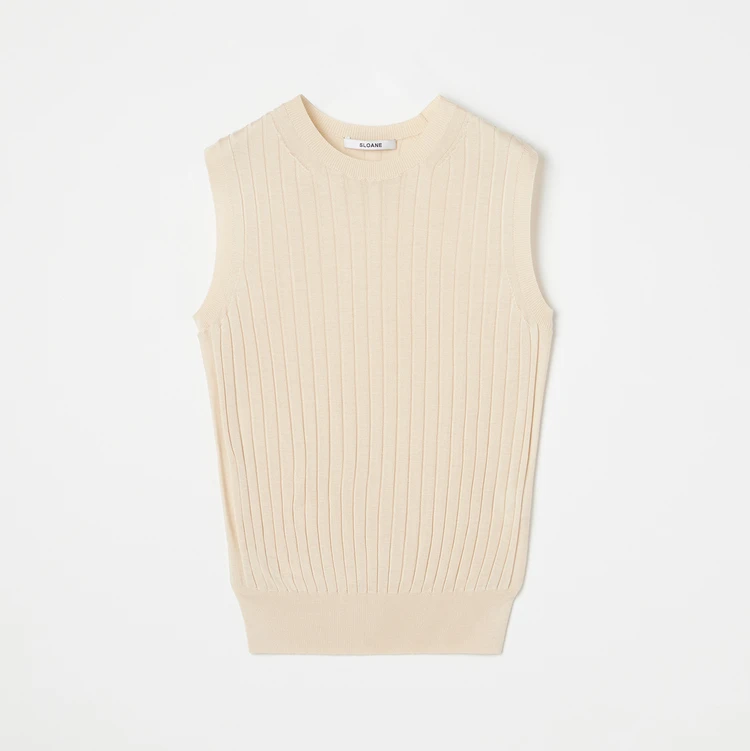 スローン　18Gワイドリブ シルク ノースリーブクルーネック　エクリュ