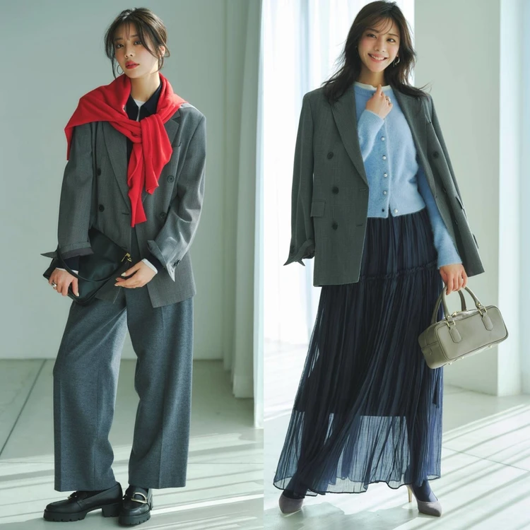 【優秀通勤ワードローブ・名品ジャケット】あなたはどっち派？　大人フェミニン派と華やぎトラッド派のコーディネート比較