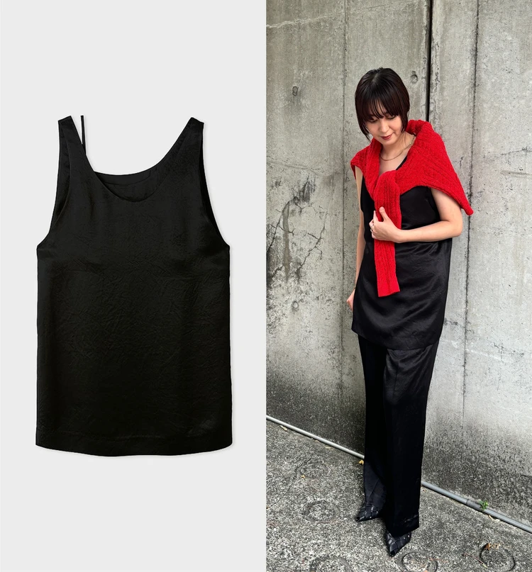 ミースロエ　サテンレイヤードノースリTOPS　コラージュ写真