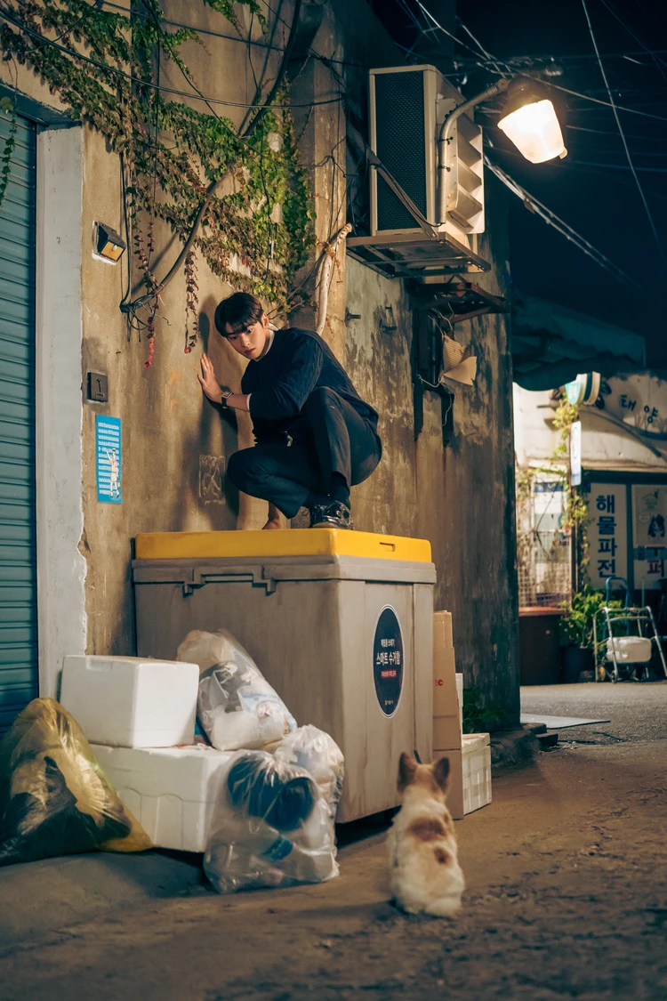 ワンダフルデイズ　ワンコに近寄られ、ゴミ箱の上に逃げるチャソヌ