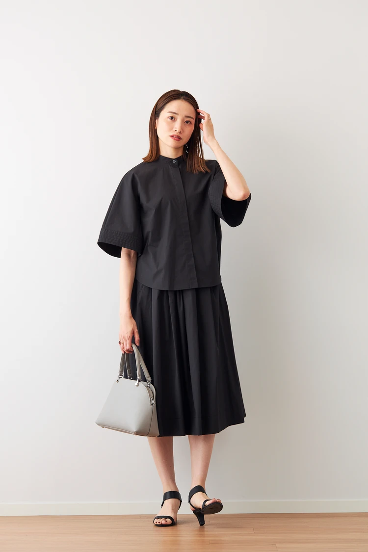 PLST　HARUNOBUMURATA　プラステ　ハルノブムラタ　コラボ　話題　注目　初　5月　23日　発売 コットンブレンドダブルタックフレアスカート　コットンブレンドハーフスリーブシャツ