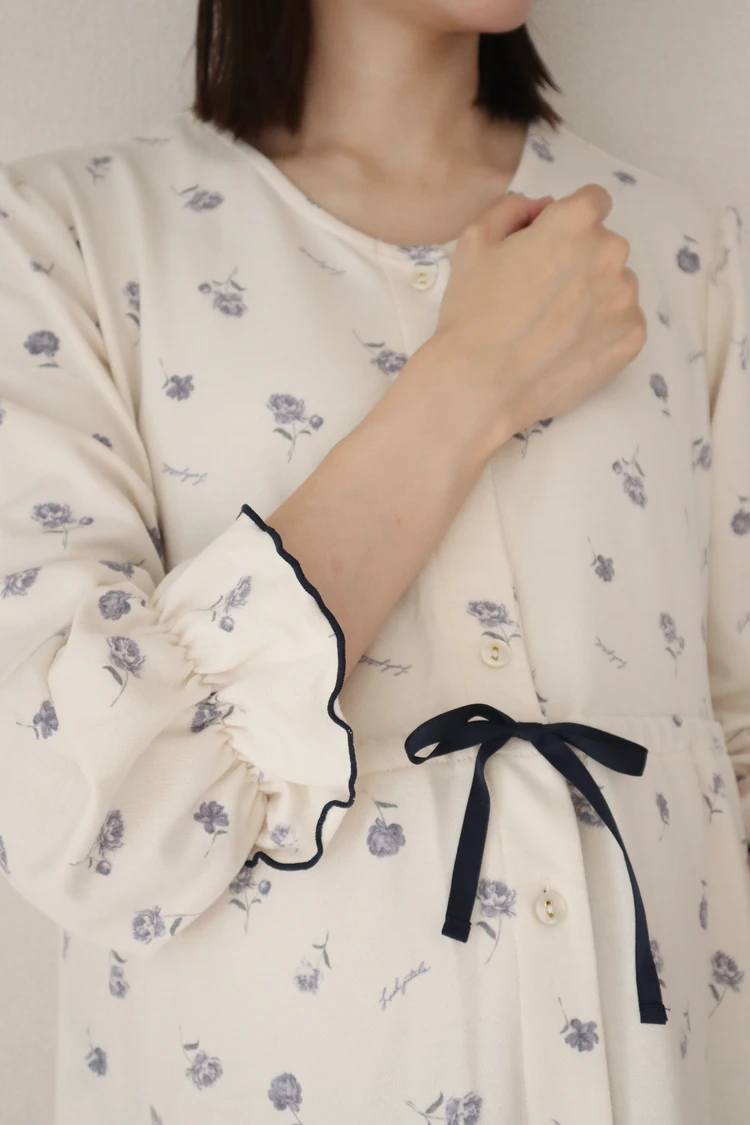 Rosemadame ローズマダム ネグリジェ レトロ 花柄 裏毛 マタニティ パジャマ 前開き 入院準備 出産 授乳 ルームウェア ロング丈 袖 ゴム