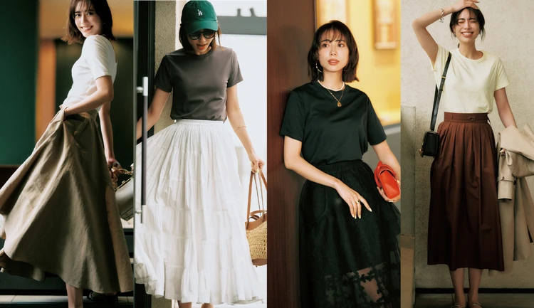 【夏に最適な「ぴた×ふわシルエット」コーデ11選】フレア、レース、サテン…Tシャツスタイルを格上げする「ドラマなスカート」に注目