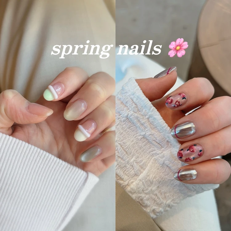 パステルカラーのマグネットフレンチネイル、フラワー×ミラーネイル 大人可愛い春ネイルデザイン 2026