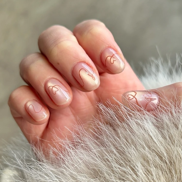 ピンク マグネットネイル ブラウン 色鉛筆アート バレンタインネイル デザイン 冬ネイル