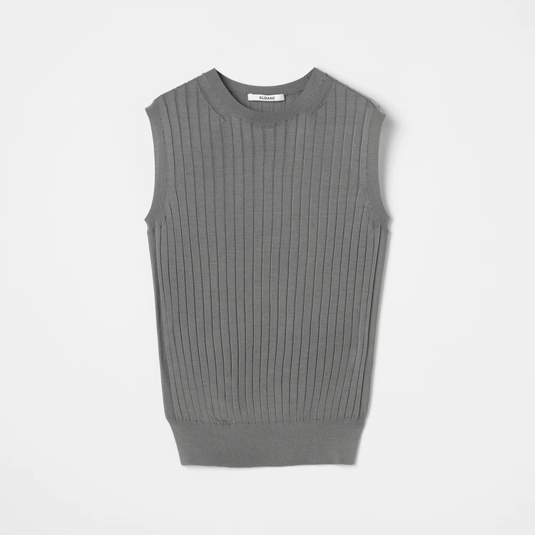 スローン　18Gワイドリブ シルク ノースリーブクルーネック　グレー