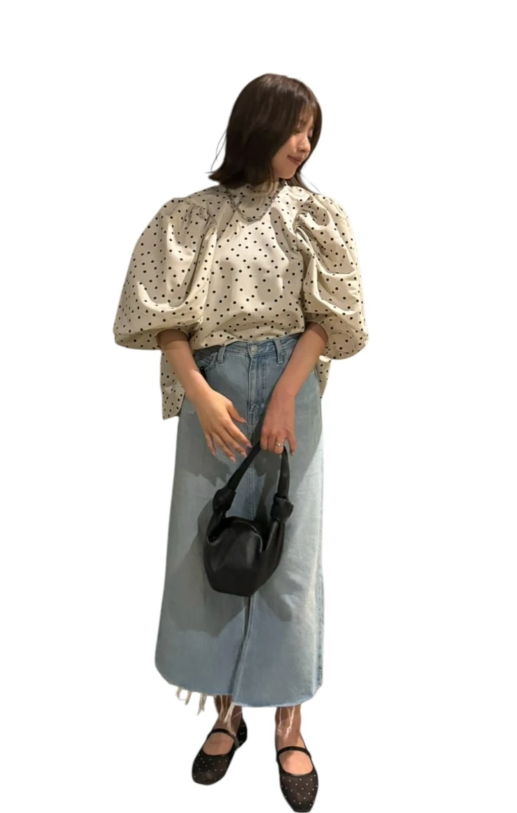 メッシュシューズ、ドットブラウスデニムコーデ、デニムスカートコーデ、ユニクロデニム