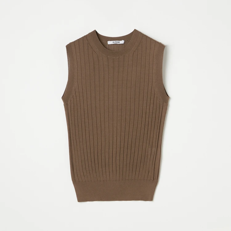 スローン　スローン　18Gワイドリブ シルク ノースリーブクルーネック　ブラウン