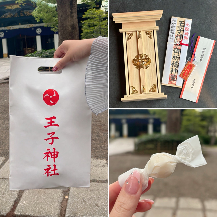厄除け後にいただいたお札、お守り、神棚（宮形）、開運福寿箸、御神酒飴