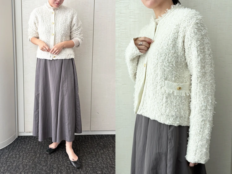 【Stola.（ストラ）】新作の「ツイード風ニットカーディガン」をライターが試着レビュー！カジュアルからオケージョンまでオールマイティーな1着#BAILA読む試着室