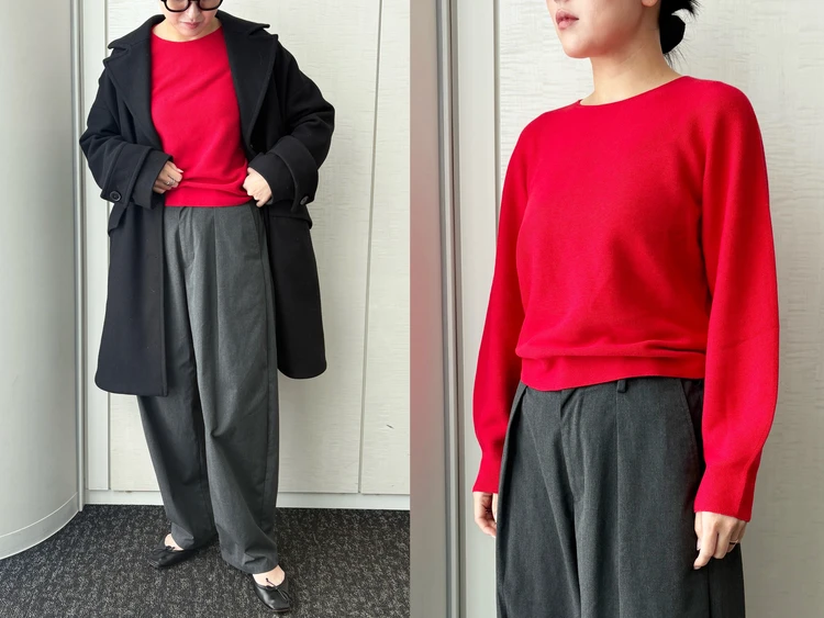 【UNIQLO（ユニクロ）】話題の「3Dコットンクルーネック ボリュームスリーブ セーター」をライターが試着レビュー！キレイ色＆シルエットで冬〜春にも使える#BAILA読む試着室