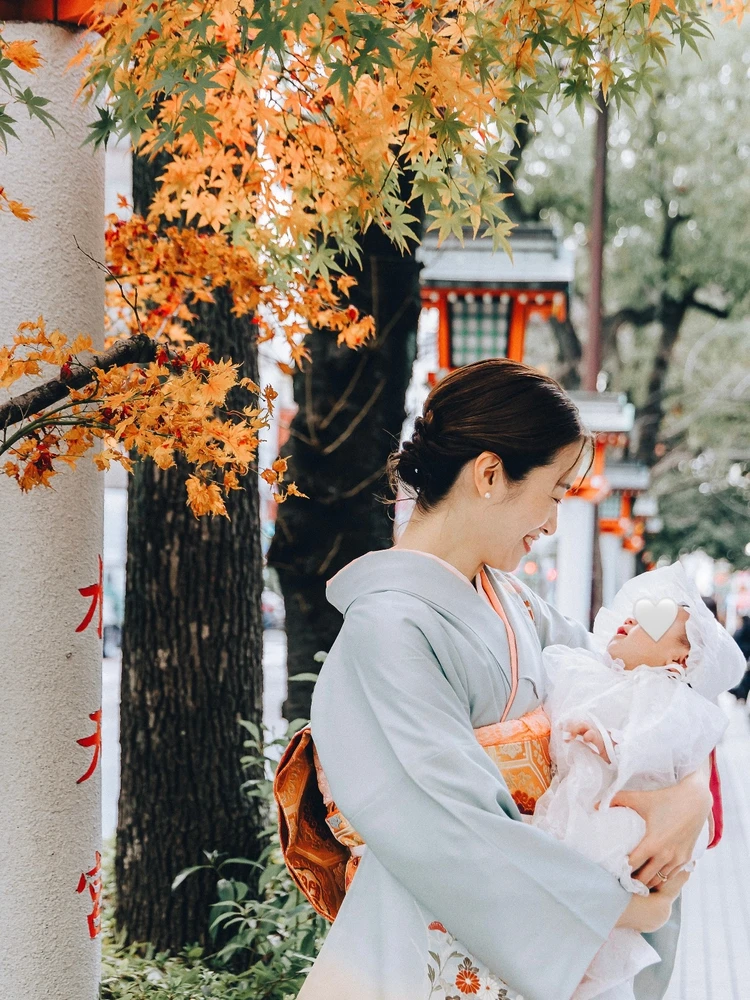 30代　2児　ママ　お宮参り　着物　和装　冬　12月　訪問着　コーデ　服装　家族　イベント　カメラマン　水天宮