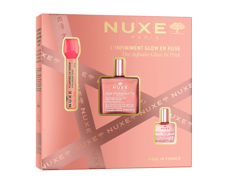 クリスマスコフレ 2025 NUXE　ニュクス　グロウ イン ピンク キット ￥7810（2025年11月12日数量限定発売） セット内容：プロディジュー フローラル ゴールド オイル 50mL、ヴェリィ ローズ リップ セラム 8mL、プロディジュー フローラル オイル 10mL ＊2025年10月29日より店頭予約開始
