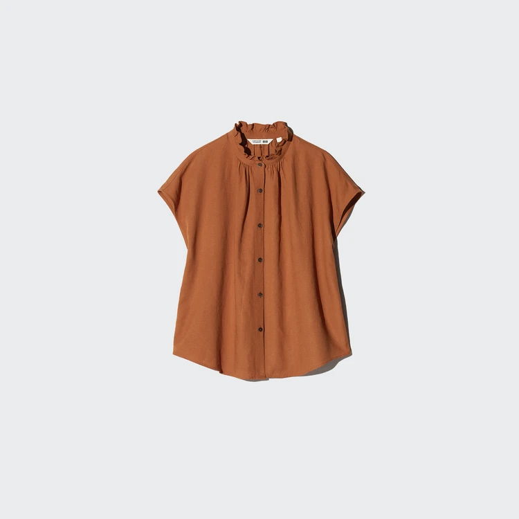 リネンブレンドフリルブラウス半袖¥2990