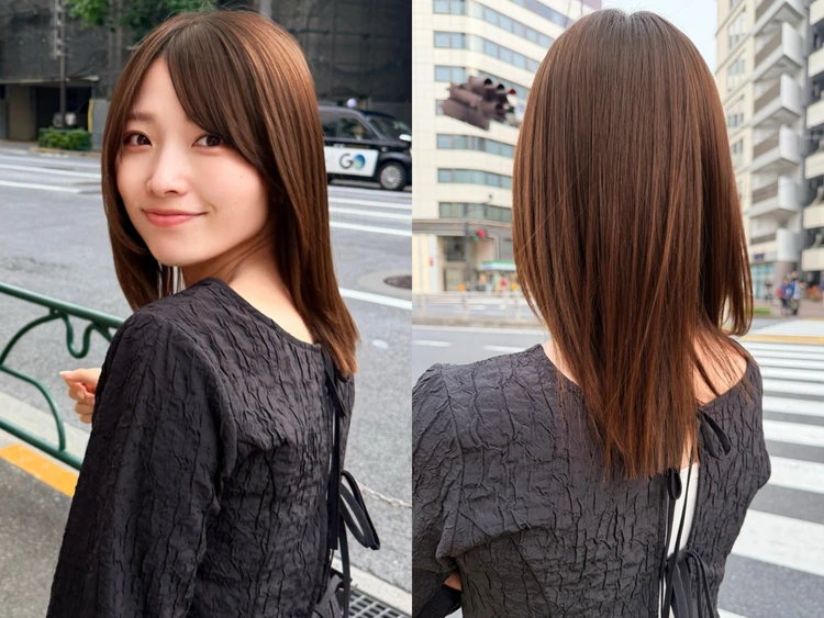 サラサラにまとまったツヤ髪の後ろ姿（右）と、少し振り向いている女性の写真（左）