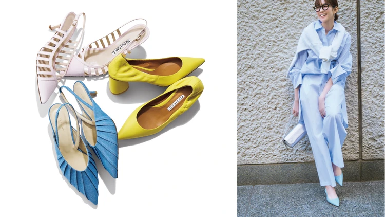 定番のワイドパンツが垢抜ける！ きれい色のポインテッドパンプスを春コーデのアクセントに