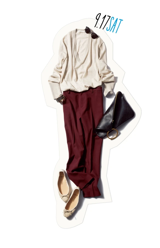 いつもの土曜日を素敵に見せる淡色×ボルドーの落ち着きパンツタイル_1