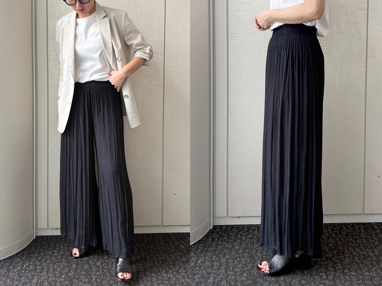 【COMME ÇA（コムサ）】話題の「割繊×シフォン プリーツパンツ」をライターが試着レビュー！軽やかさと落ち感が魅力のコスパ最強パンツ#BAILA読む試着室
