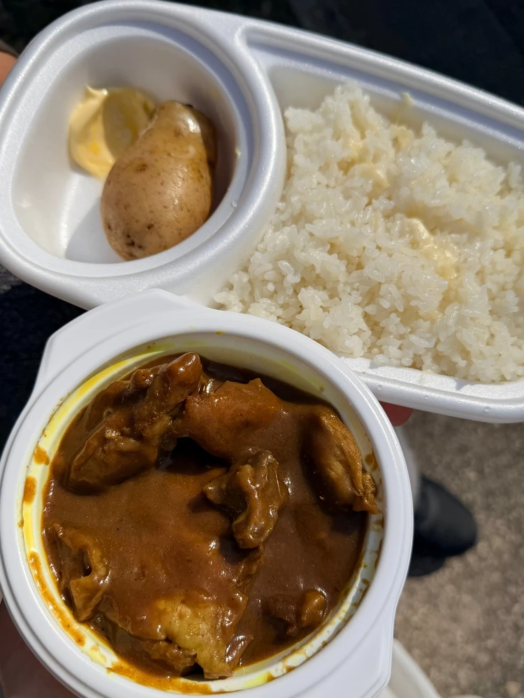 オーベルジーヌ新宿本店のテイクアウト用チキンカレー。ゴロッとした鶏肉と丸ごとのジャガイモが添えられた欧風カレー。