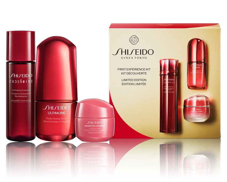 2025　クリスマスコフレ　限定コスメ　資生堂　SHISEIDO ファースト エクスペリエンスキット　￥5940（2025年11月1日数量限定発売）  セット内容：SHISEIDO アルティミューン™ パワライジング セラム 15mL、SHISEIDO オイデルミン エッセンスローション 30mL、SHISEIDO エッセンシャルイネルジャ ハイドレーティング クリーム 15g