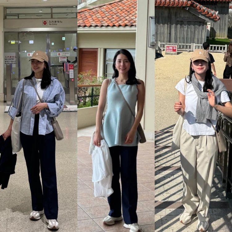 ３コーデを紹介している女性が立っている写真