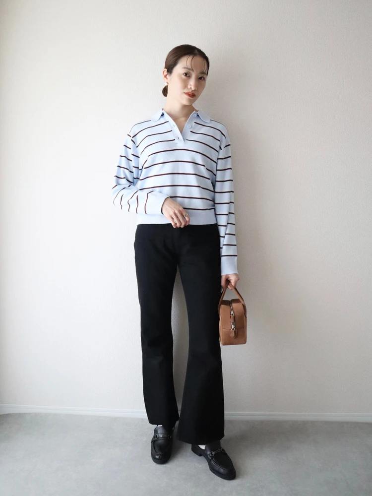 ユニクロ UNIQLO スムースコットンポロセーター 新色 新作 柄 ボーダー ニット コーデ デニム