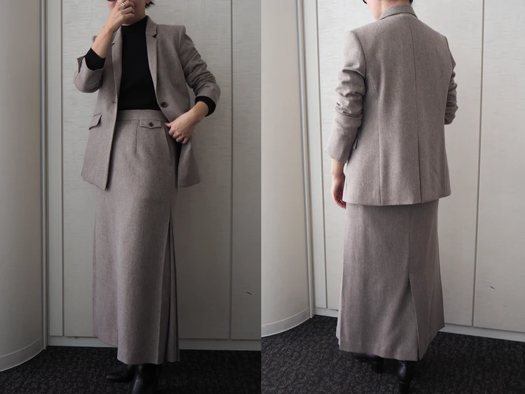 【スーツスクエア】CHANTOWA（ちゃんとは）の新作「サイドタックスカート」をライターが試着レビュー！オンオフ使える冬のロングスカート#BAILA読む試着室