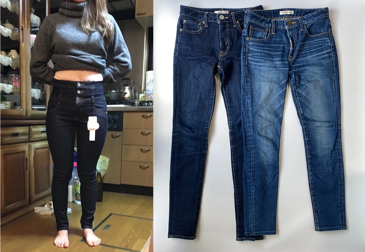 「当時、moussyのスキニーデニムが私の世代で流行っていて、どうしても可愛く着こなしたかったのです。買ってきて、鏡に映る自分を見てどんより。“本気で変わらければ…”と思いました（上の写真左）。それで、痩せてから24インチを購入しました。今も大事に取ってあります（上の写真右）」（山田さん） 