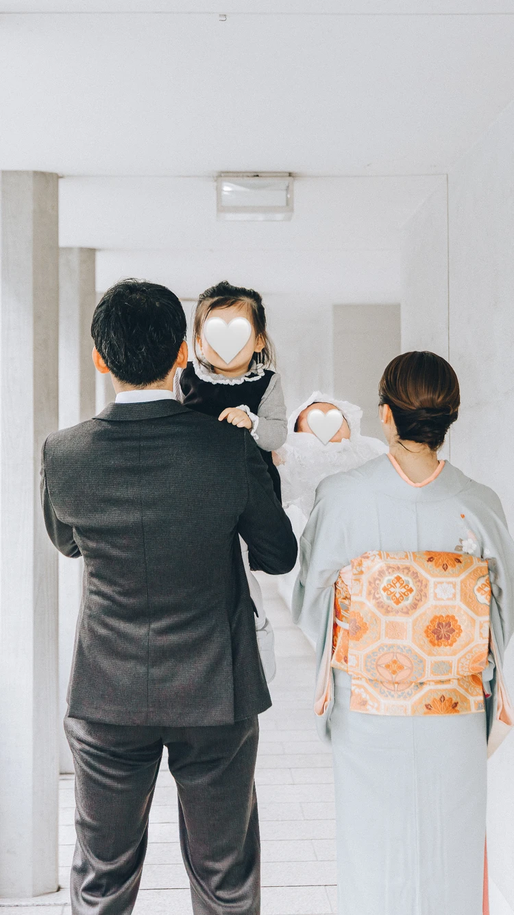 30代　2児　ママ　着物　お宮参り　和装　冬　12月　訪問着　コーデ　服装　家族　イベント　カメラマン　水天宮