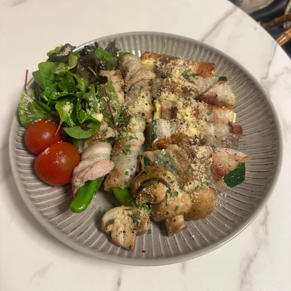 夏野菜の肉巻き マッシュルームのソテー