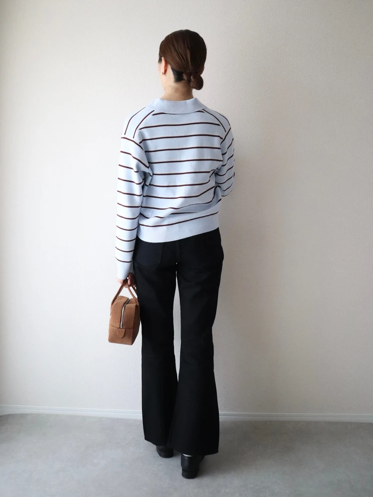 ユニクロ UNIQLO スムースコットンポロセーター 新色 新作 柄 ボーダー ニット コーデ 後ろ