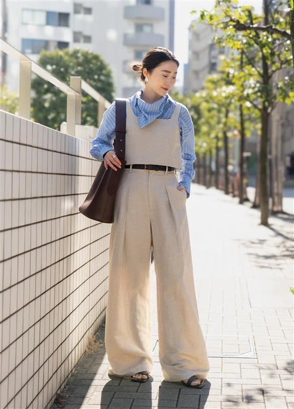 アルアバイル シャークスキンショートジレ&シャークスキンワイドパンツ 着用写真