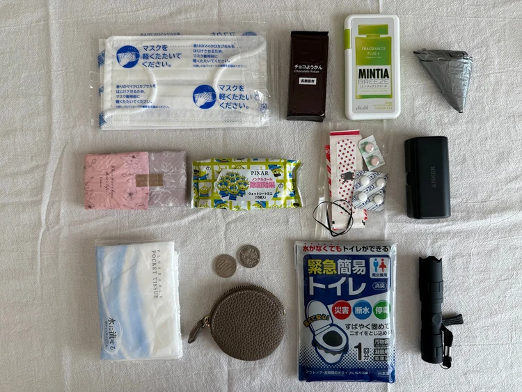 モバイルバッテリーやタブレットなど、普段の持ち物をそのままポーチに入れるだけで防災対策に