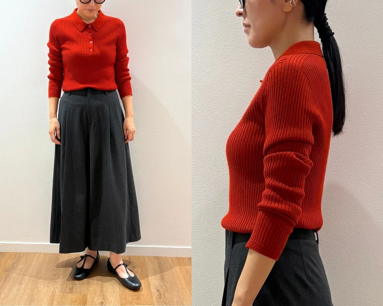 【UNIQLO（ユニクロ）】新作の「3Dメリノブレンドリブポロセーター」をライターが試着レビュー！1枚で着映える赤ニット #BAILA読む試着室