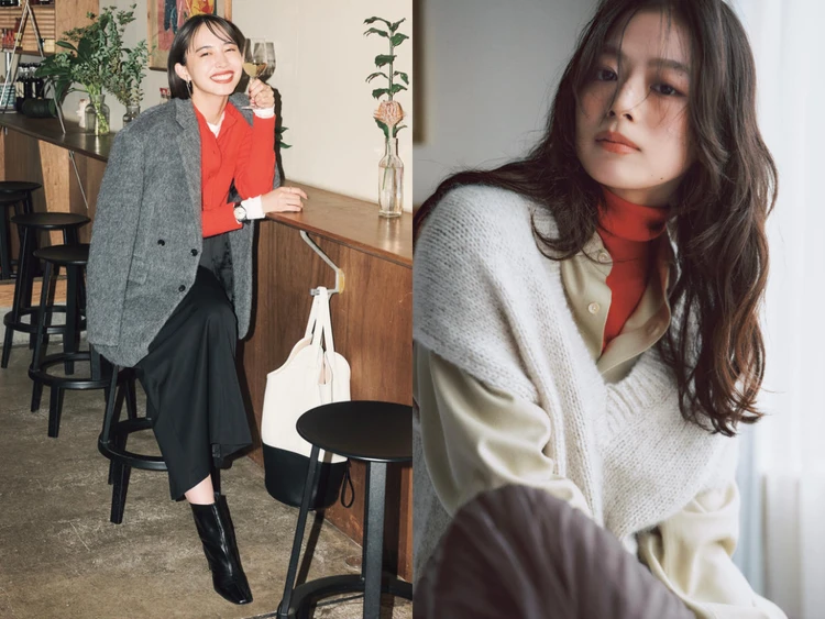 【2026年】レディース 赤ニットコーデ21選。大人女子はアウターを脱いでも、1枚でも重ね着でも“赤”を素敵に着こなす。