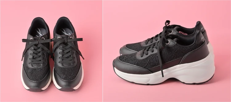 1万円以下！ レースデザインが大人可愛い「ホーキンススポーツ」の厚底スニーカー【きれいめ服に似合う黒スニーカー】