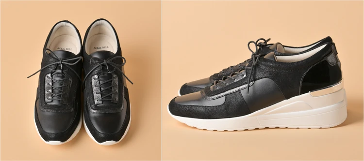 雨の日もOK。上品さを備えた「銀座かねまつ」のウェッジスニーカー【きれいめ服に似合う黒スニーカー】