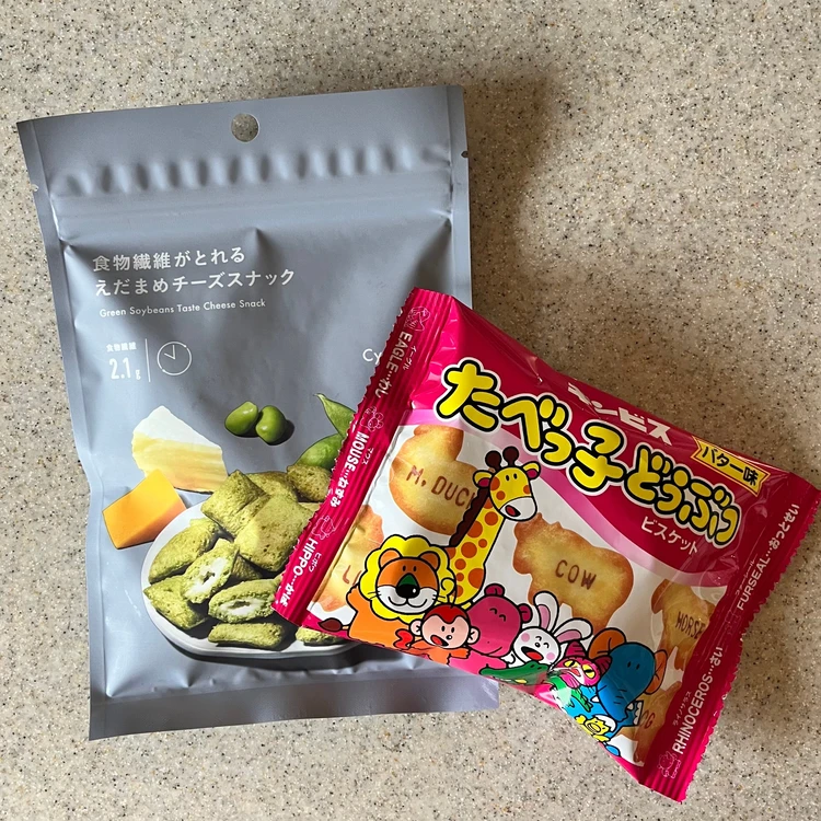 コンビニで買えるダイエット時のおやつ、たべっ子どうぶつビスケット、サイクルミーのえだまめチーズスナック