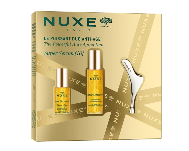 クリスマスコフレ 2025　NUXE　ニュクス　スーパー セラム スキンケア キット ￥14300（2025年11月12日数量限定発売） セット内容：スーパー セラム 15mL、スーパー セラム アイ コンセントレイト 30mL、マッサージツール ＊2025年10月29日より店頭予約開始