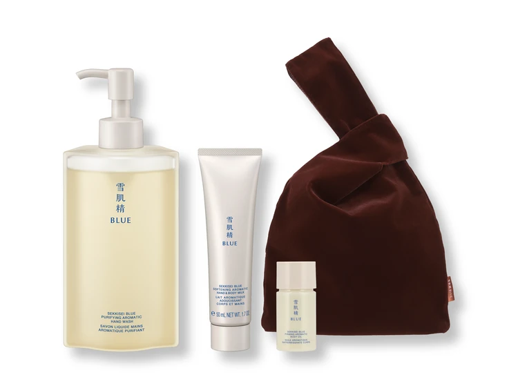 2025　クリスマスコフレ　限定品　KOSE　コーセー　雪肌精 BLUE　自然が溶け込んだ泡でみずみずしく洗い上げるハンドウォッシュは、指先まですべすべとなめらかな、透明感あふれる手肌に。  ハンド＆ボディミルクは、持ち歩きにもぴったりのサイズ感。なめらかにのび広がってべたつかず、乾燥しがちな季節の肌も、うるおいでふんわり包み込むようにケア。  こちらのキットにも、ハリツヤ肌をかなえるボディオイルのミニサイズがセットに！